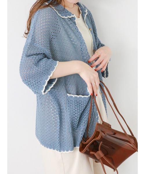 ehka sopo（エヘカソポ）の「襟付透かし編みカーディガン（カーディガン/ボレロ・レディース・ブラック/サックスブルー/オフホワイト/ベージュ・F）」の4枚目の写真