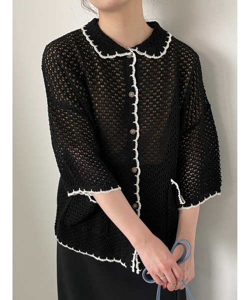 ehka sopo（エヘカソポ）の「襟付透かし編みカーディガン（カーディガン/ボレロ・レディース・ブラック/サックスブルー/オフホワイト/ベージュ・F）」の10枚目の写真