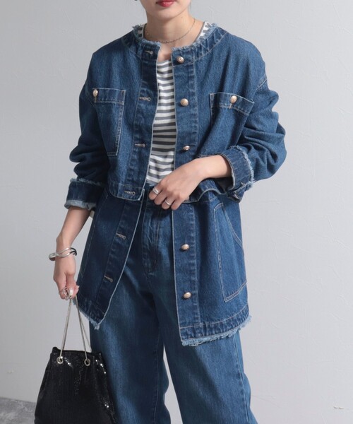 fredy emue(フレディエミュ)の「2WAYノーカラーデニムブルゾン(デニムジャケット・レディース・ネイビー/ブラック・38)」の9枚目の写真