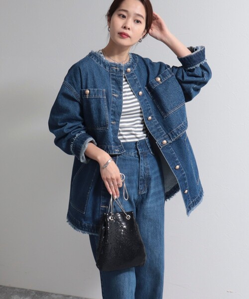 fredy emue(フレディエミュ)の「2WAYノーカラーデニムブルゾン(デニムジャケット・レディース・ネイビー/ブラック・38)」の11枚目の写真