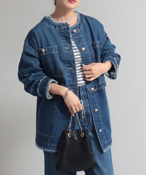 fredy emue(フレディエミュ)の「2WAYノーカラーデニムブルゾン(デニムジャケット・レディース・ネイビー/ブラック・38)」の14枚目の写真