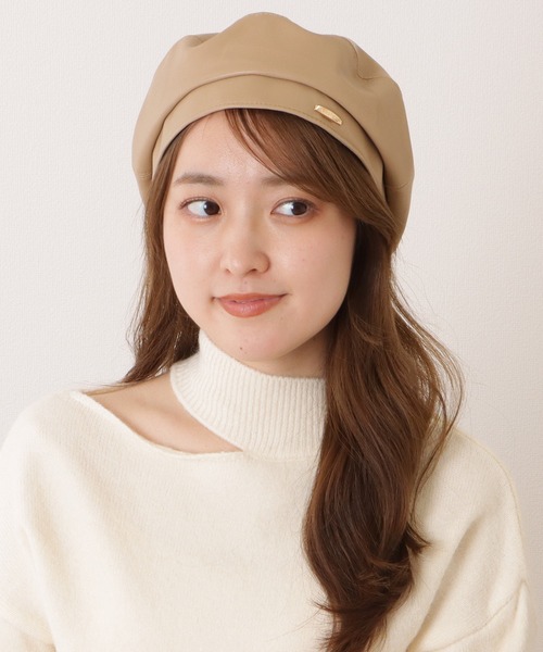 セール】レザー調ステッチインタグ付きベレー帽（ハンチング/ベレー帽