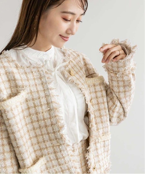 セール】ツイードパールディティールジャケット（ノーカラージャケット