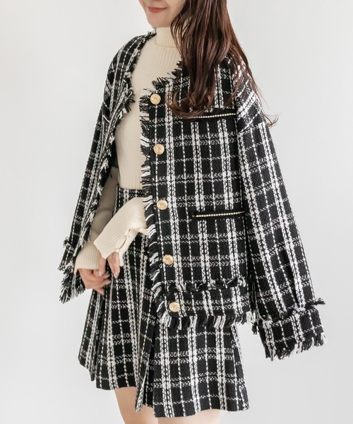 RANDA（ランダ）の「ツイードパールディティールジャケット（ノーカラージャケット・レディース・ブラック/ベージュ・1/0）」の3枚目の写真