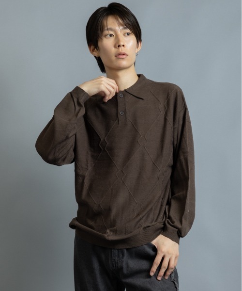 En serio TOKYO（エンソリオトーキョー）の「ジオメトリック柄 ニットポロ（ニット/セーター・メンズ・ブラウン/ブラック/ベージュ/グレイッシュブルー・M/L）」の3枚目の写真