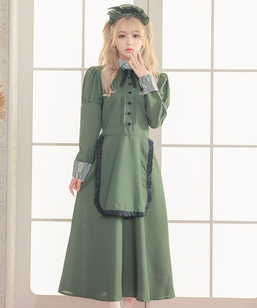 Tika（ティカ）の「[CLOSED] 体型カバーロング丈フレアスカート袖ありコウモリ洋館ペアメイド [2点セット]（コスチューム/パーティーグッズ・レディース・グリーン・M）」の2枚目の写真