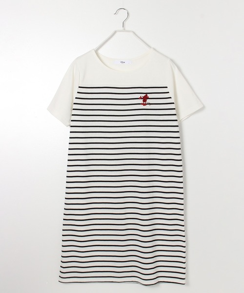 Disney（ディズニー）の「【DISNEY/ディズニー】Mickey Mouseワンポイント刺繍切替ボーダーTワンピース（ワンピース・レディース・ネイビー/ベージュ/オフホワイト・L/M）」の2枚目の写真