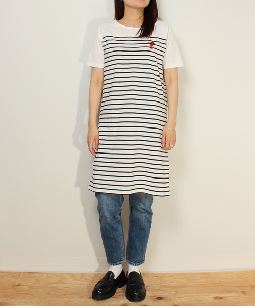 Disney（ディズニー）の「【DISNEY/ディズニー】Mickey Mouseワンポイント刺繍切替ボーダーTワンピース（ワンピース・レディース・ネイビー/ベージュ/オフホワイト・L/M）」の8枚目の写真