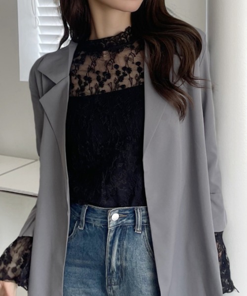 新品未使用タグ付き　グレースクラス　総柄刺繍　花柄　シアー　レース　ブラウス　M セール】花柄刺しゅうレースブラウス長袖レディース（シャツ