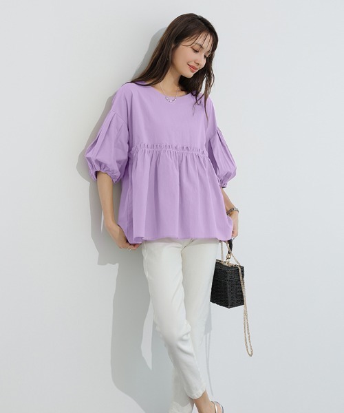 【ayabun】ソージュペプラムチュニック五分袖パープル色Sサイズ ぺプラムチュニックブラウス - SOÉJU online store｜上質な大人