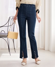 フロントスリットパール調ストレッチパンツ