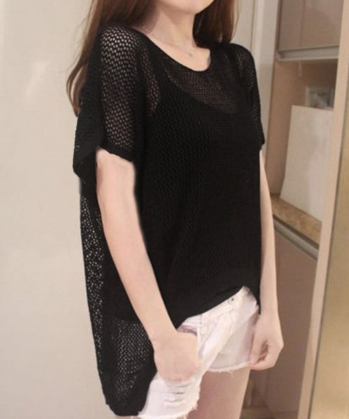 Miniministore(ミニミニストア)の「メッシュトップス ドルマンスリーブ韓国風(Tシャツ/カットソー・レディース・ブラック/ブラウン/ホワイト/ベージュ・FREE)」の1枚目の写真
