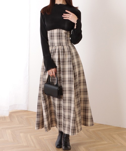 プチハイネック メロウ フリル ハイウエストドッキング ワンピース