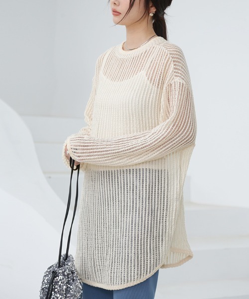 Doux Belle(ドゥーベル)の「シースルーメッシュロングトップス(Tシャツ/カットソー・レディース・アイボリー/ブラック・MEDIUM)」の2枚目の写真