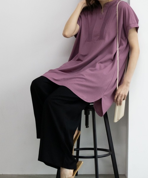 NAVY(ネイビー)の「【接触冷感・制菌加工】NAVY サラリ ピンタックチュニックプルオーバー シャツ見え(Tシャツ/カットソー・レディース・チャコールグレー/グレイッシュベージュ/ライトベージュ/ピンク系その他・L/M/S/XL)」の8枚目の写真