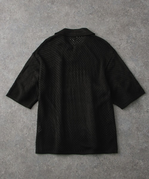 リラックスルーズ透かし編みメッシュニットスキッパーポロシャツ MONO