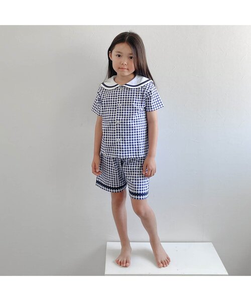 apres les cours（アプレレクール）の「【吸水速乾・接触冷感】セーラーカラーセットアップ（セットアップ・キッズ・チェック/ネイビー・80/90/100/110/120/130）」の6枚目の写真