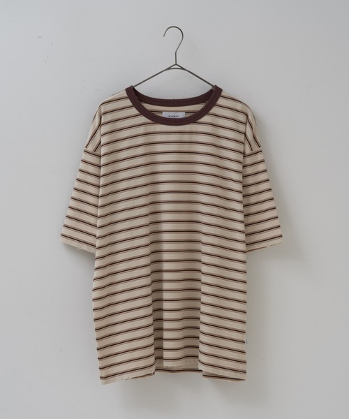 WHIMSIC(ウィムジック)の「【UNISEX】ハンドプロセスドダメージボーダーTシャツ(Tシャツ/カットソー・メンズ・ベージュ/パープル/グリーン・FREE)」の4枚目の写真