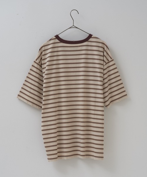 WHIMSIC(ウィムジック)の「【UNISEX】ハンドプロセスドダメージボーダーTシャツ(Tシャツ/カットソー・メンズ・ベージュ/パープル/グリーン・FREE)」の5枚目の写真