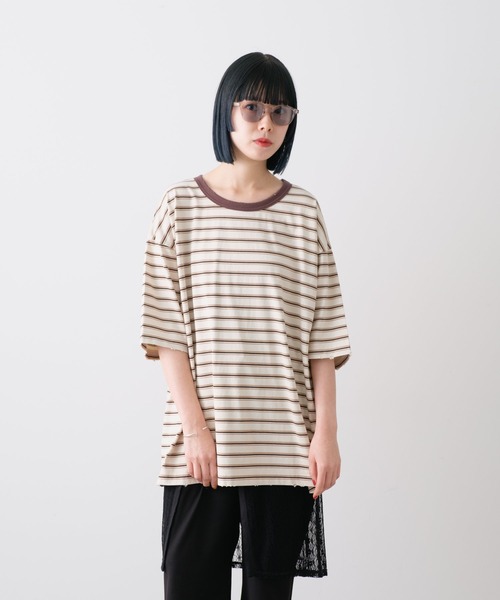 WHIMSIC(ウィムジック)の「【UNISEX】ハンドプロセスドダメージボーダーTシャツ(Tシャツ/カットソー・メンズ・ベージュ/パープル/グリーン・FREE)」の7枚目の写真