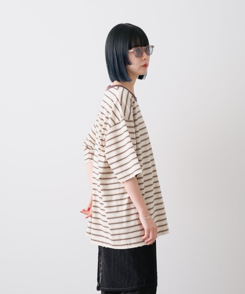 WHIMSIC(ウィムジック)の「【UNISEX】ハンドプロセスドダメージボーダーTシャツ(Tシャツ/カットソー・メンズ・ベージュ/パープル/グリーン・FREE)」の8枚目の写真