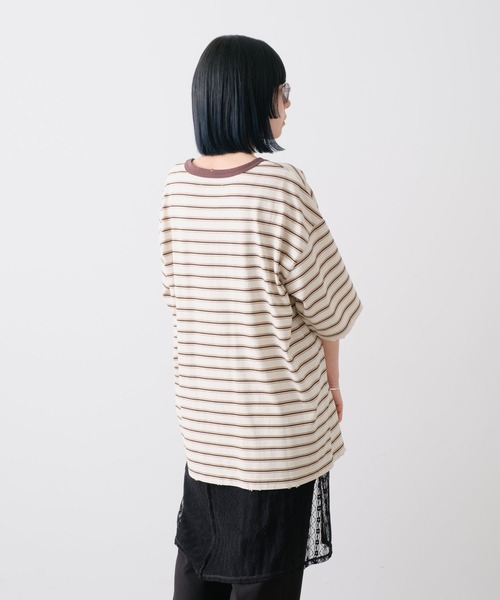 WHIMSIC(ウィムジック)の「【UNISEX】ハンドプロセスドダメージボーダーTシャツ(Tシャツ/カットソー・メンズ・ベージュ/パープル/グリーン・FREE)」の9枚目の写真