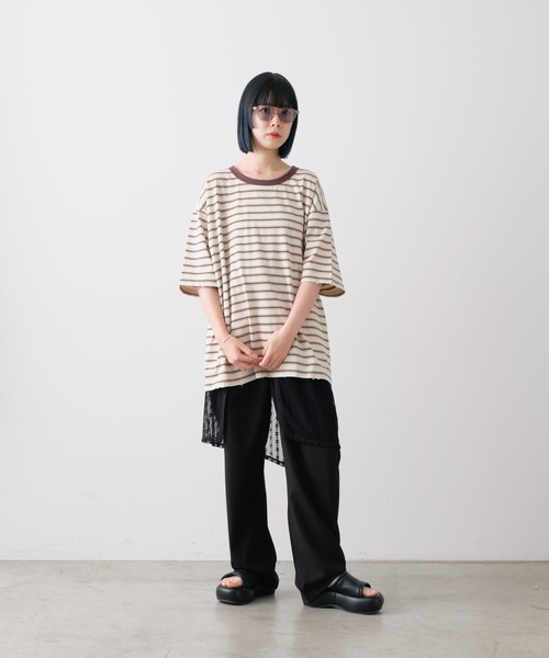 WHIMSIC(ウィムジック)の「【UNISEX】ハンドプロセスドダメージボーダーTシャツ(Tシャツ/カットソー・メンズ・ベージュ/パープル/グリーン・FREE)」の10枚目の写真