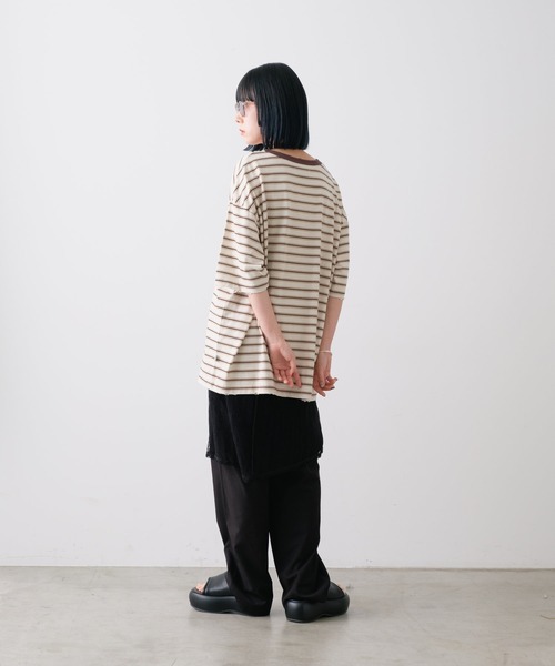 WHIMSIC(ウィムジック)の「【UNISEX】ハンドプロセスドダメージボーダーTシャツ(Tシャツ/カットソー・メンズ・ベージュ/パープル/グリーン・FREE)」の11枚目の写真