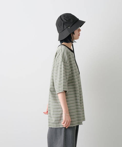 WHIMSIC(ウィムジック)の「【UNISEX】ハンドプロセスドダメージボーダーTシャツ(Tシャツ/カットソー・メンズ・ベージュ/パープル/グリーン・FREE)」の21枚目の写真