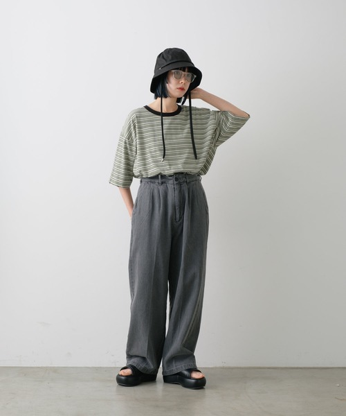 WHIMSIC(ウィムジック)の「【UNISEX】ハンドプロセスドダメージボーダーTシャツ(Tシャツ/カットソー・メンズ・ベージュ/パープル/グリーン・FREE)」の22枚目の写真