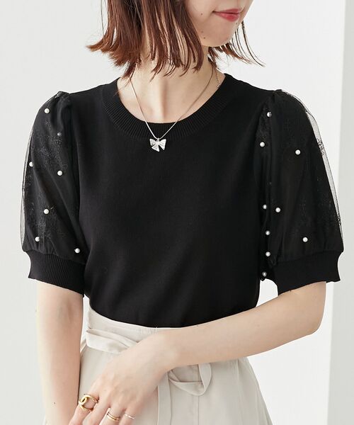 MAJESTIC LEGON(マジェスティックレゴン)の「パール&レースチュールスリーブニット(ニット/セーター・レディース・ライトグリーン/ピンク/オフホワイト/ラベンダー/ブルー/ブラック・MEDIUM)」の3枚目の写真