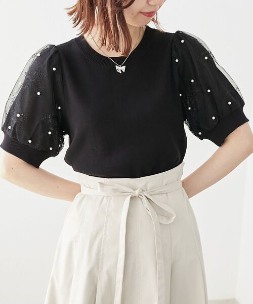 MAJESTIC LEGON(マジェスティックレゴン)の「パール&レースチュールスリーブニット(ニット/セーター・レディース・ライトグリーン/ピンク/オフホワイト/ラベンダー/ブルー/ブラック・MEDIUM)」の14枚目の写真