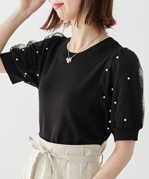 MAJESTIC LEGON(マジェスティックレゴン)の「パール&レースチュールスリーブニット(ニット/セーター・レディース・ライトグリーン/ピンク/オフホワイト/ラベンダー/ブルー/ブラック・MEDIUM)」の16枚目の写真