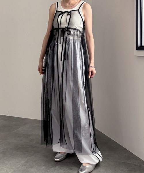 ISOOK（アイスー）の「【ISOOK / アイスー】チュールキャミソールワンピース / 2way 低身長向け リボン レイヤードワンピース シアーワンピース キャミワンピ ZOZOTOWN限定（ワンピース・レディース・ブラック/アイボリー・FREE）」の19枚目の写真