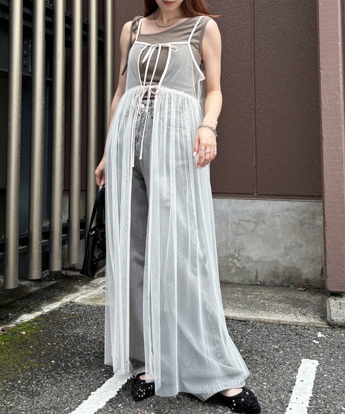 ISOOK（アイスー）の「【ISOOK / アイスー】チュールキャミソールワンピース / 2way 低身長向け リボン レイヤードワンピース シアーワンピース キャミワンピ ZOZOTOWN限定（ワンピース・レディース・ブラック/アイボリー・FREE）」の10枚目の写真