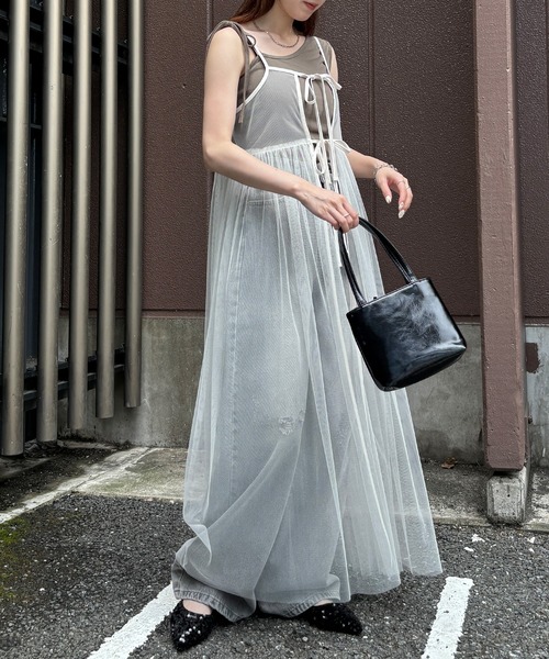 ISOOK（アイスー）の「【ISOOK / アイスー】チュールキャミソールワンピース / 2way 低身長向け リボン レイヤードワンピース シアーワンピース キャミワンピ ZOZOTOWN限定（ワンピース・レディース・ブラック/アイボリー・FREE）」の14枚目の写真