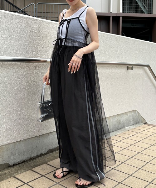 ISOOK（アイスー）の「【ISOOK / アイスー】チュールキャミソールワンピース / 2way 低身長向け リボン レイヤードワンピース シアーワンピース キャミワンピ ZOZOTOWN限定（ワンピース・レディース・ブラック/アイボリー・FREE）」の3枚目の写真