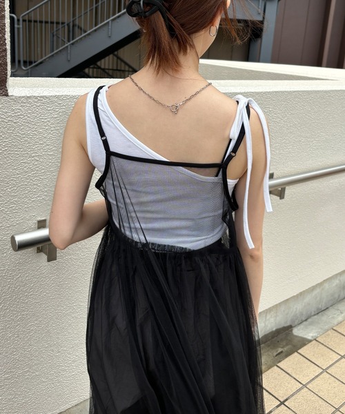 ISOOK（アイスー）の「【ISOOK / アイスー】チュールキャミソールワンピース / 2way 低身長向け リボン レイヤードワンピース シアーワンピース キャミワンピ ZOZOTOWN限定（ワンピース・レディース・ブラック/アイボリー・FREE）」の9枚目の写真