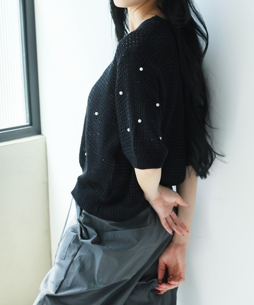Girly Doll(ガーリードール)の「パール&ストーン付き透かし編み半袖ニット(ニット/セーター・レディース・ブラック/ホワイト/ブラウン・F)」の15枚目の写真