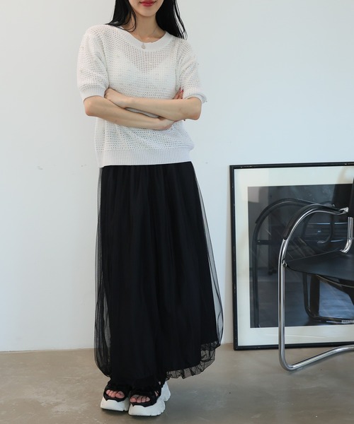 Girly Doll(ガーリードール)の「パール&ストーン付き透かし編み半袖ニット(ニット/セーター・レディース・ブラック/ホワイト/ブラウン・F)」の4枚目の写真