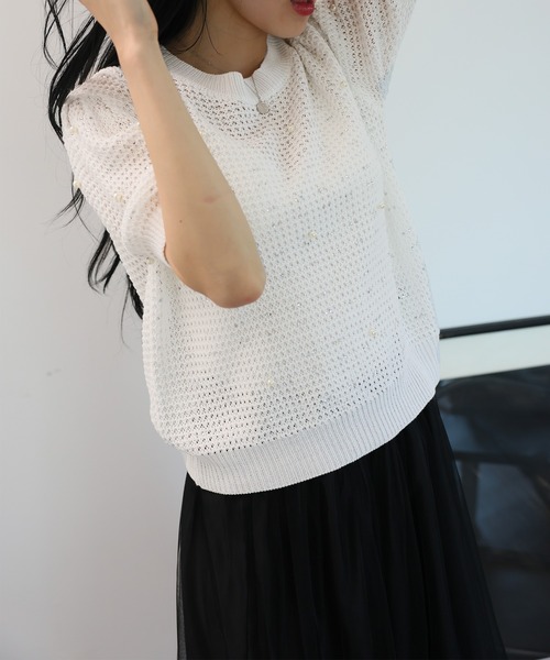 Girly Doll(ガーリードール)の「パール&ストーン付き透かし編み半袖ニット(ニット/セーター・レディース・ブラック/ホワイト/ブラウン・F)」の6枚目の写真