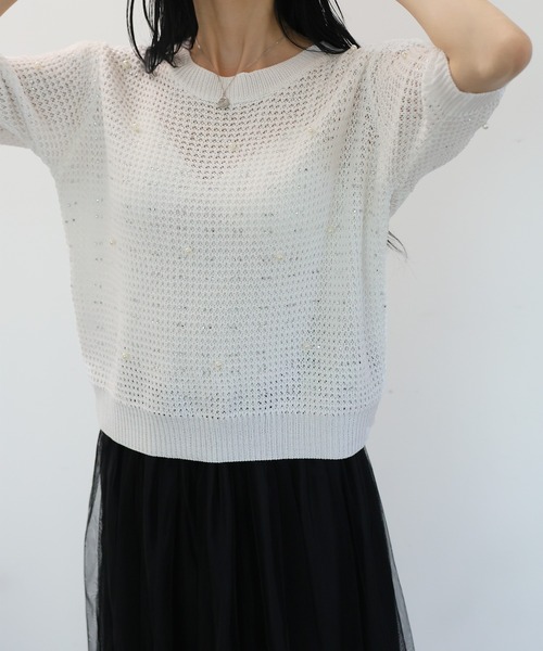 Girly Doll(ガーリードール)の「パール&ストーン付き透かし編み半袖ニット(ニット/セーター・レディース・ブラック/ホワイト/ブラウン・F)」の9枚目の写真