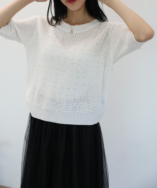 Girly Doll(ガーリードール)の「パール&ストーン付き透かし編み半袖ニット(ニット/セーター・レディース・ブラック/ホワイト/ブラウン・F)」の10枚目の写真