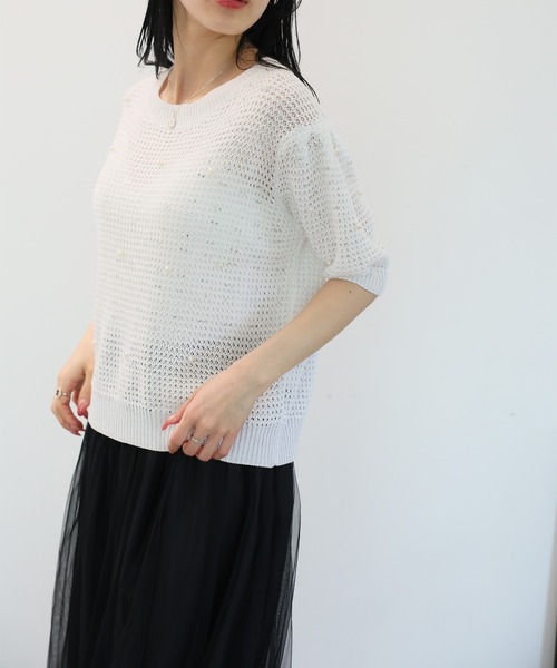 Girly Doll(ガーリードール)の「パール&ストーン付き透かし編み半袖ニット(ニット/セーター・レディース・ブラック/ホワイト/ブラウン・F)」の12枚目の写真