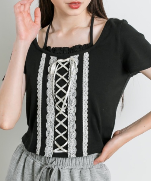 OLIVE des OLIVE(オリーブデオリーブ)の「レースアップ重ね着風カット(Tシャツ/カットソー・レディース・オフホワイト/サックスブルー/ブラック・FREE)」の3枚目の写真