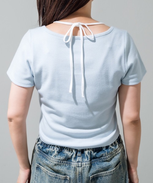 OLIVE des OLIVE(オリーブデオリーブ)の「レースアップ重ね着風カット(Tシャツ/カットソー・レディース・オフホワイト/サックスブルー/ブラック・FREE)」の6枚目の写真