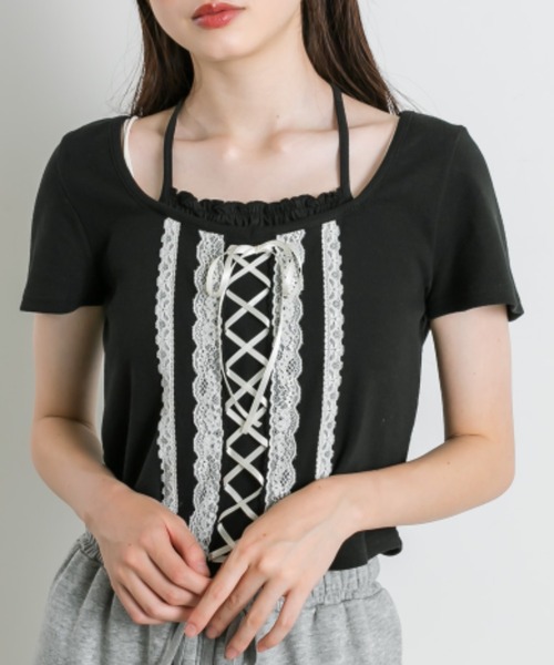 OLIVE des OLIVE(オリーブデオリーブ)の「レースアップ重ね着風カット(Tシャツ/カットソー・レディース・オフホワイト/サックスブルー/ブラック・FREE)」の16枚目の写真
