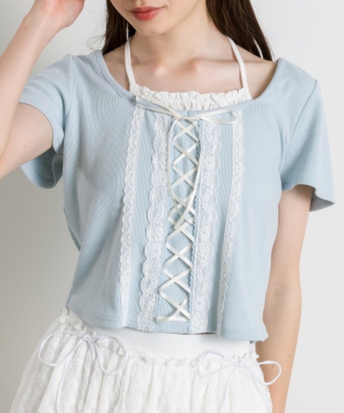 OLIVE des OLIVE(オリーブデオリーブ)の「レースアップ重ね着風カット(Tシャツ/カットソー・レディース・オフホワイト/サックスブルー/ブラック・FREE)」の20枚目の写真