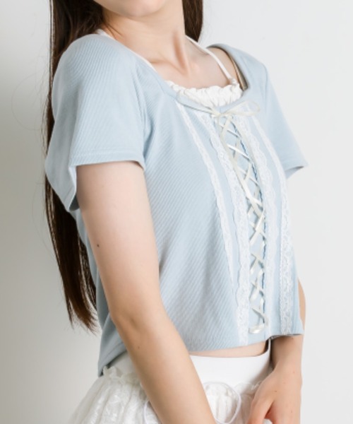 OLIVE des OLIVE(オリーブデオリーブ)の「レースアップ重ね着風カット(Tシャツ/カットソー・レディース・オフホワイト/サックスブルー/ブラック・FREE)」の21枚目の写真