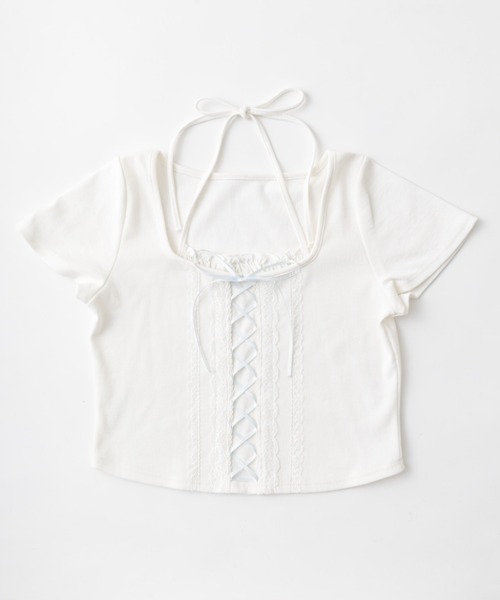 OLIVE des OLIVE(オリーブデオリーブ)の「レースアップ重ね着風カット(Tシャツ/カットソー・レディース・オフホワイト/サックスブルー/ブラック・FREE)」の11枚目の写真